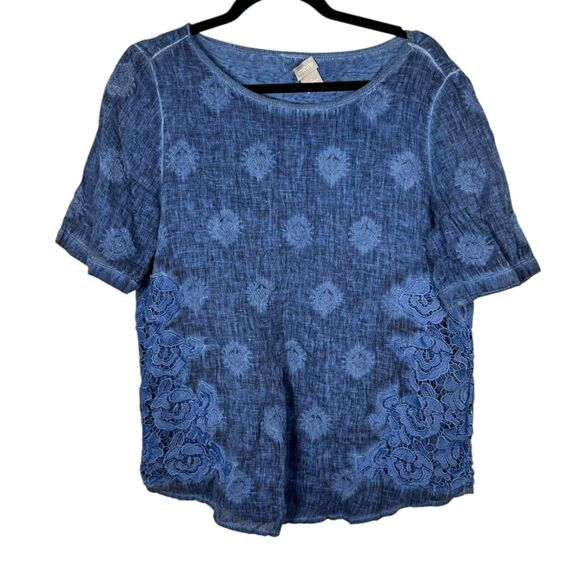 Chico's 100% Linen Floral Applique Boxy Blouse Size 1 US 8 - 10 - Picture 1 of 6